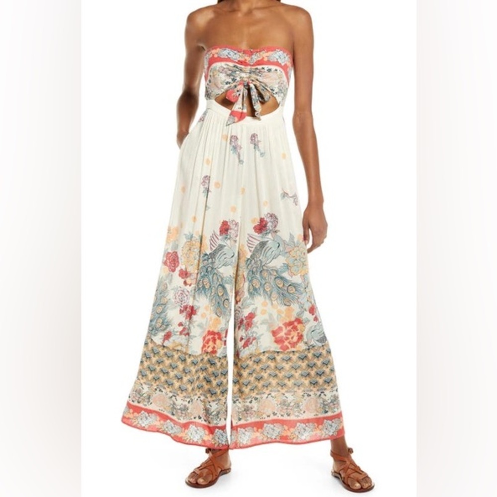 Strapless Floral Wide-Leg Jumpsuit in Ivory with Coral Trim